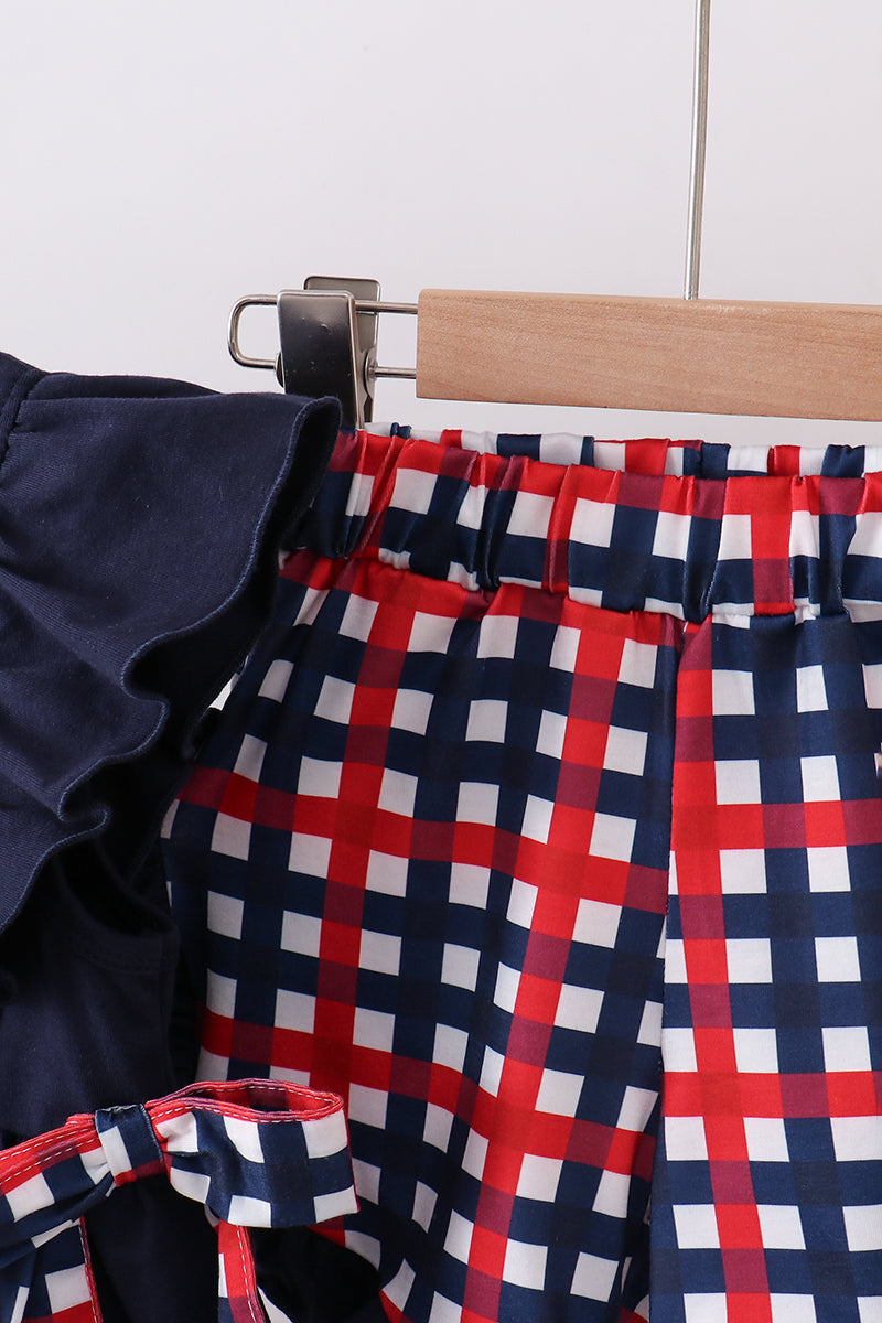 Navy Flag Applique Gingham Ruffle Shorts Set - 4th of July