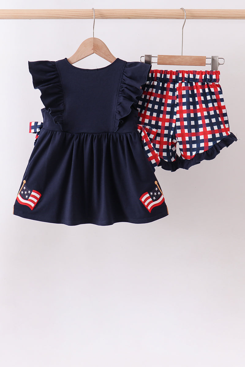 Navy Flag Applique Gingham Ruffle Shorts Set - 4th of July