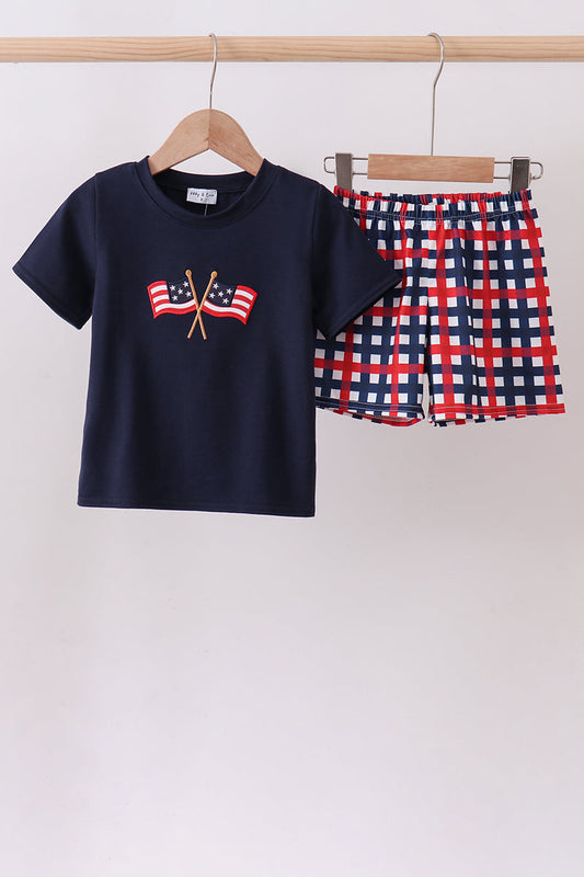 Navy Flag Applique Gingham Boy Shorts Set -4th of July