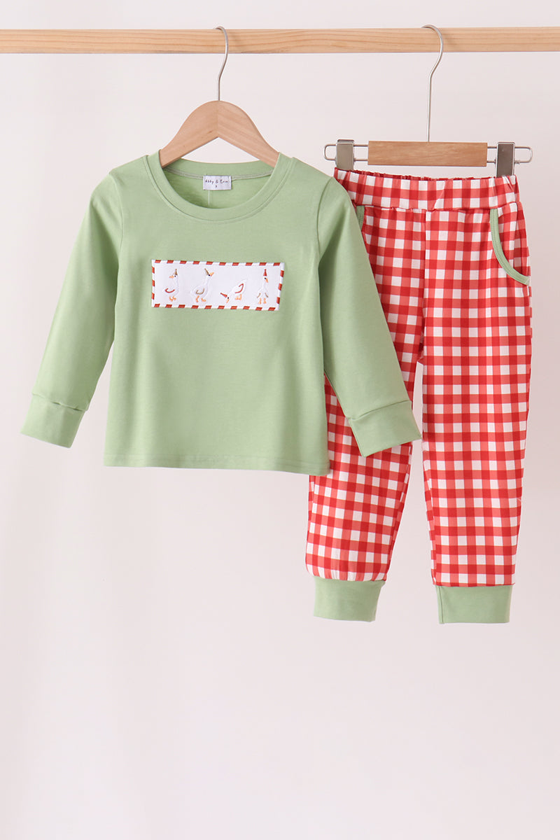Abby & Evie | Sage Goose Embroidery Gingham Pants Set