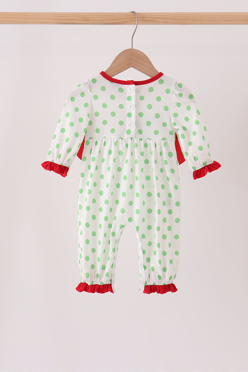 Abby & Evie | Green Guy Embroidery Ruffle Dot Romper