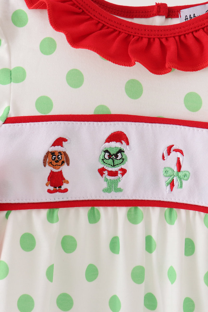 Abby & Evie | Green Guy Embroidery Ruffle Dot Romper