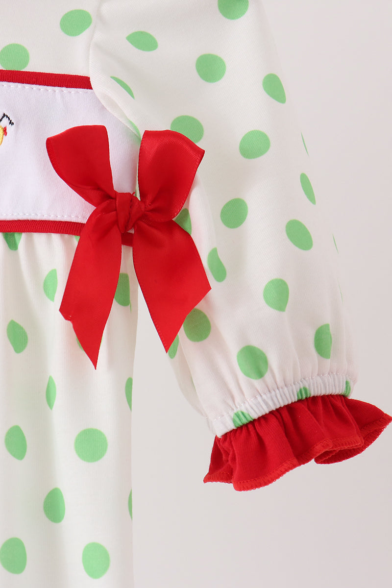 Abby & Evie | Green Guy Embroidery Ruffle Dot Romper