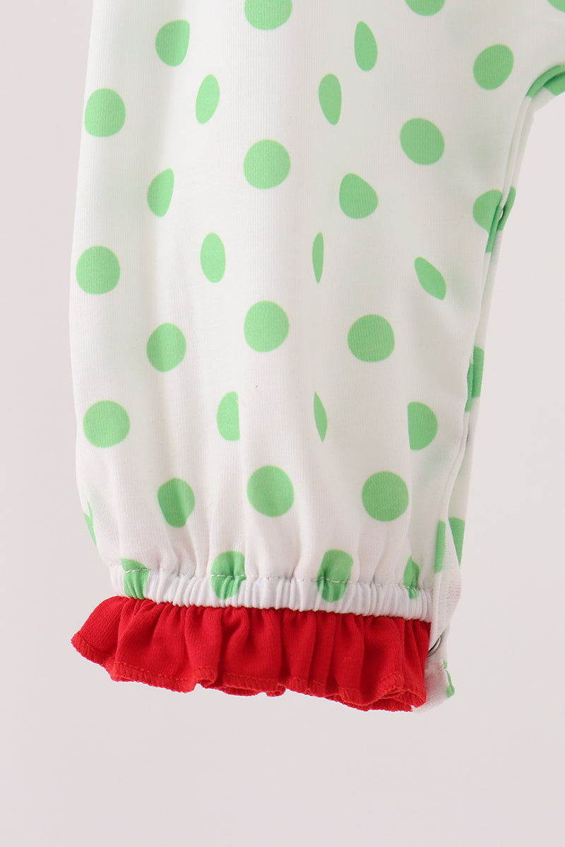Abby & Evie | Green Guy Embroidery Ruffle Dot Romper