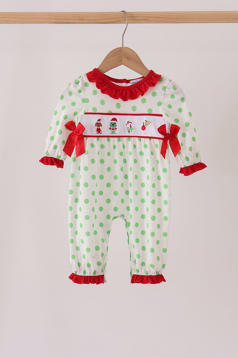 Abby & Evie | Green Guy Embroidery Ruffle Dot Romper