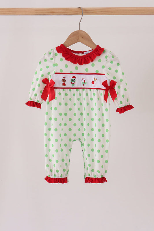 Abby & Evie | Green Guy Embroidery Ruffle Dot Romper