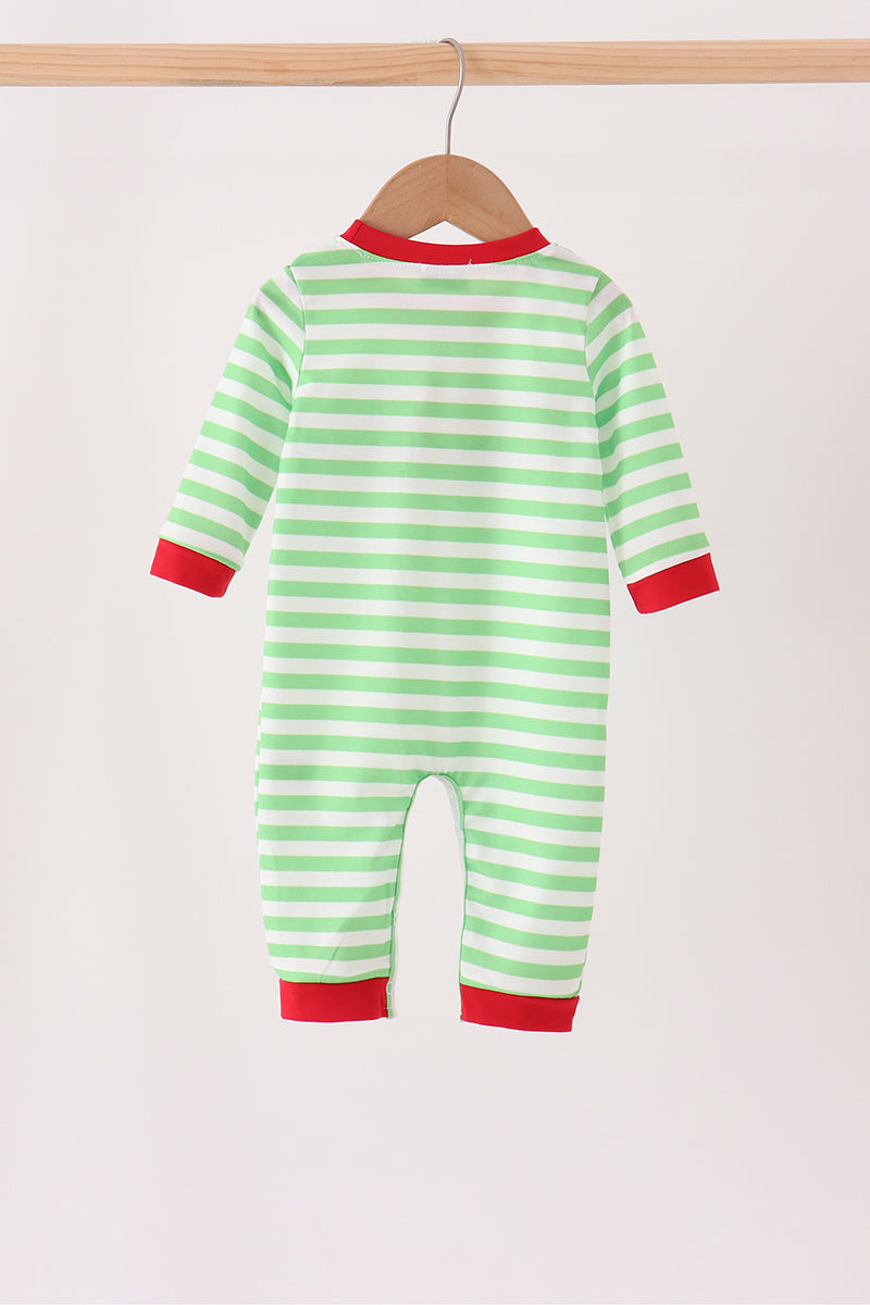 Abby & Evie | Green Guy Embroidery Stripe Romper