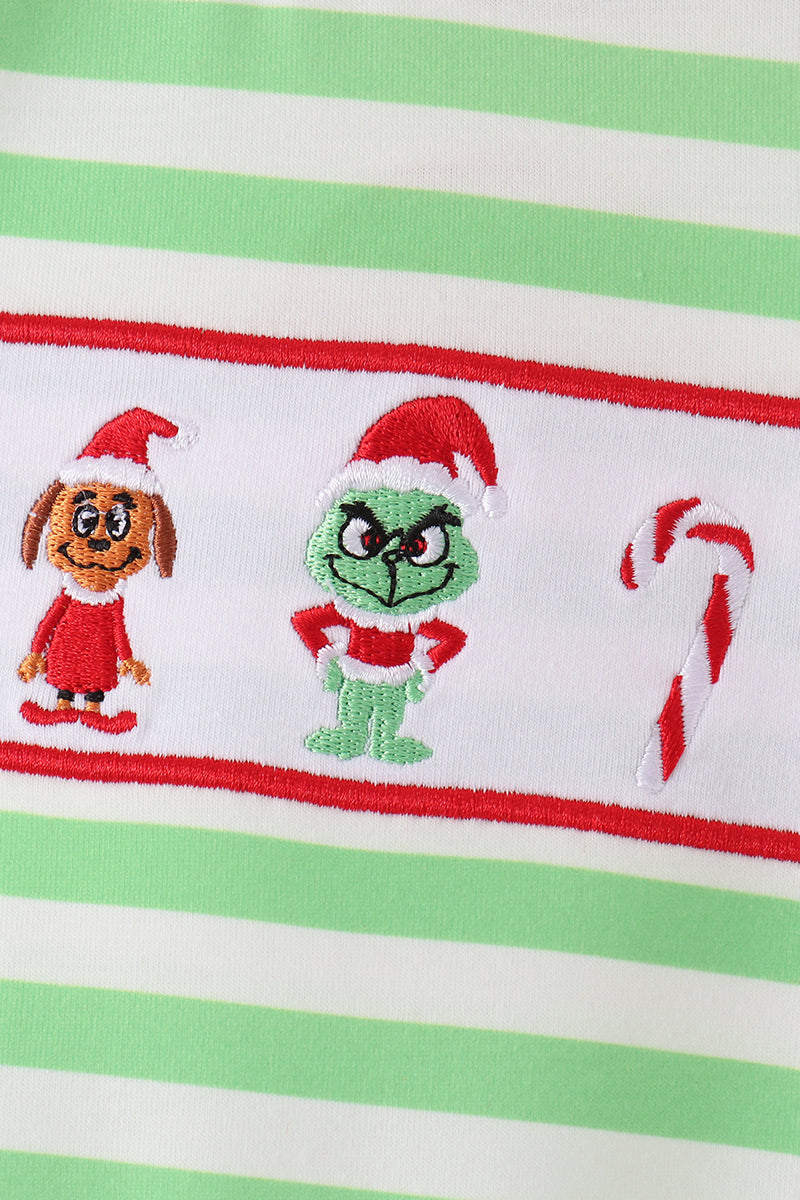 Abby & Evie | Green Guy Embroidery Stripe Romper