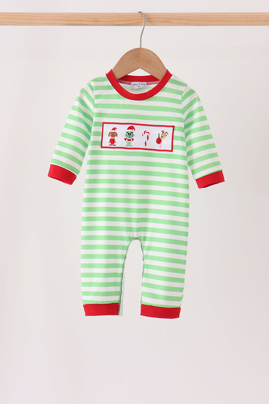 Abby & Evie | Green Guy Embroidery Stripe Romper