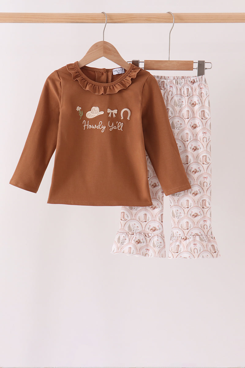 Abby & Evie | Howdy Y'ALL Western Embroidery Ruffle Pants Set