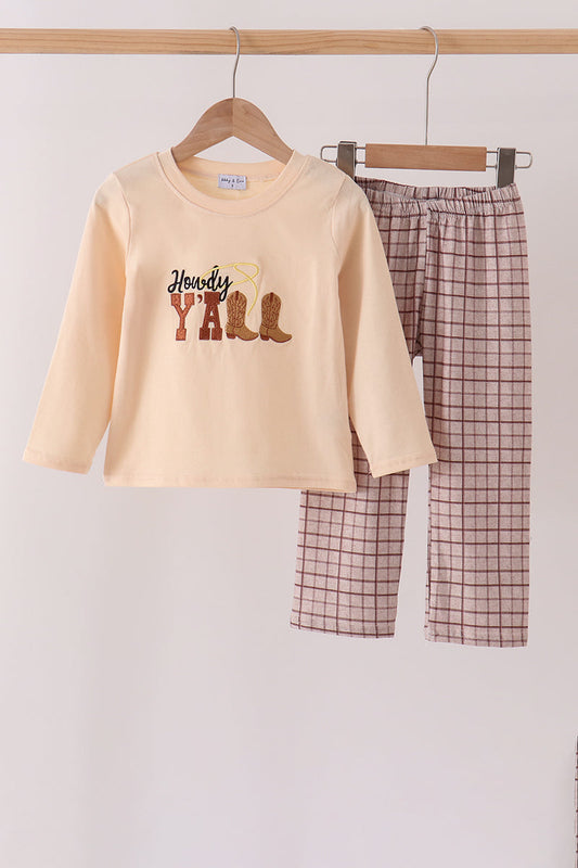 Abby & Evie | Howdy Y'ALL Boots Embroidery Plaid Pants Set