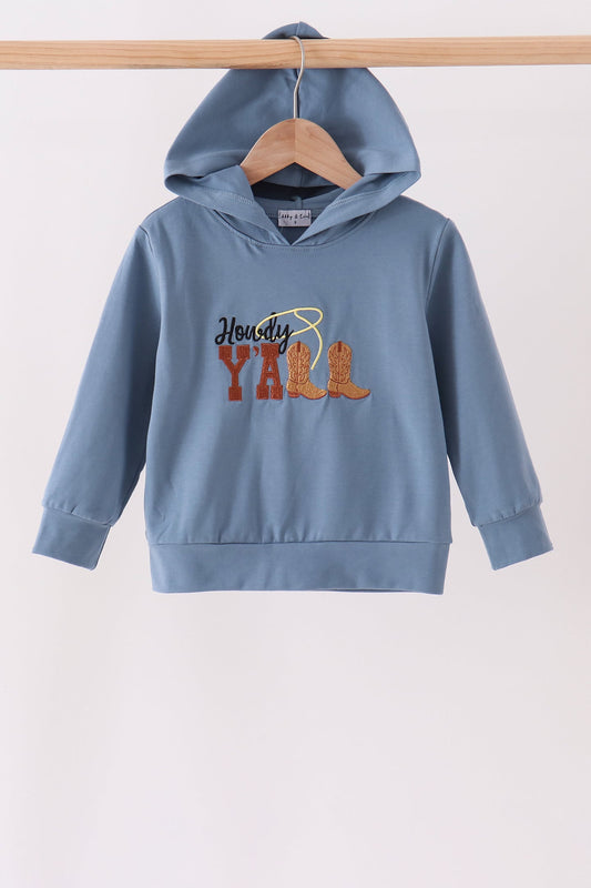 Abby & Evie | Blue Howdy Y'ALL Boots Embroidery Hoodie