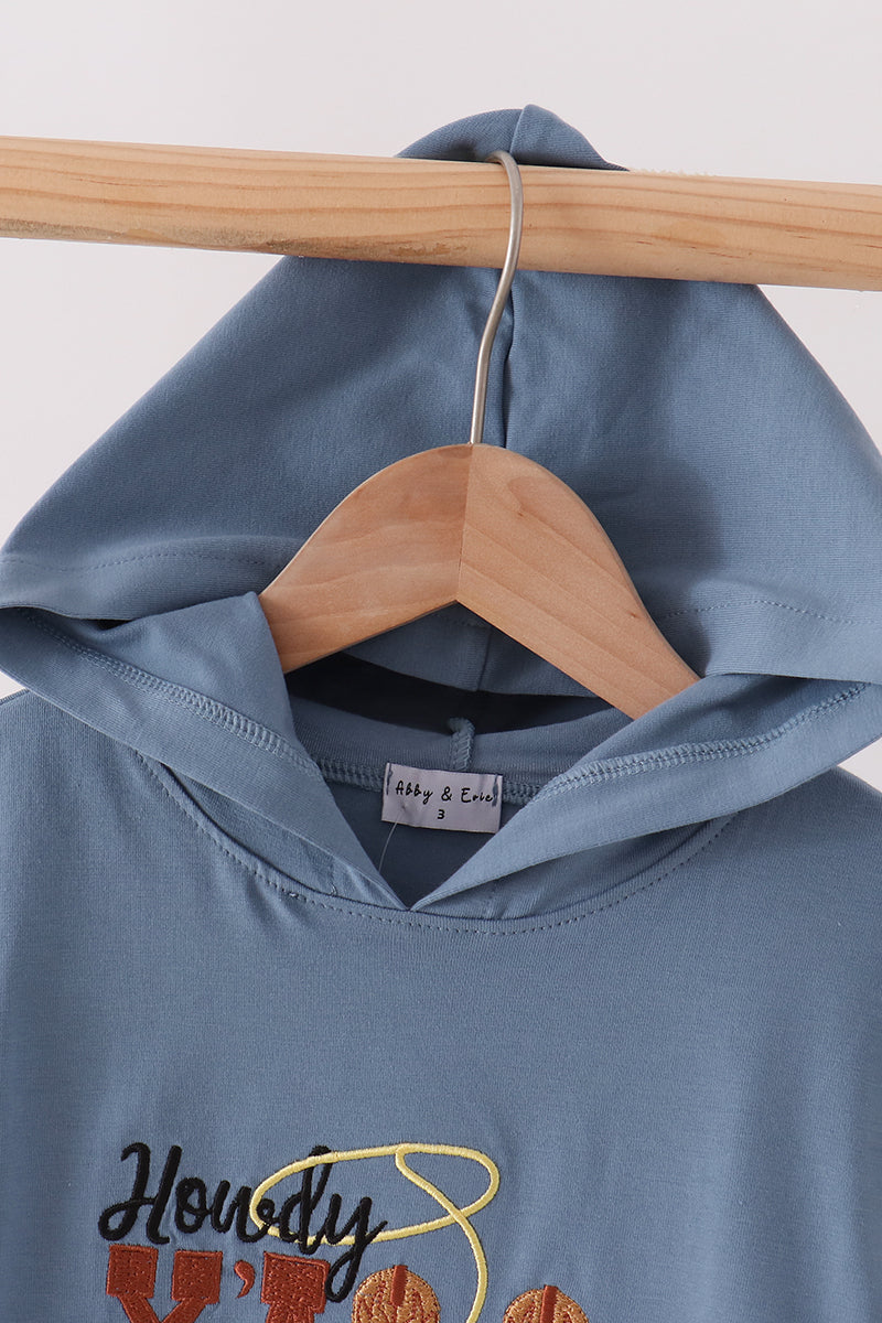 Abby & Evie | Blue Howdy Y'ALL Boots Embroidery Hoodie