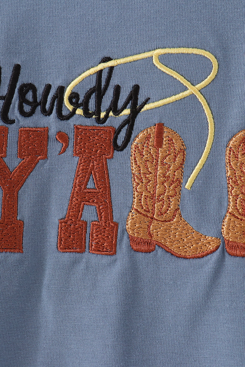 Abby & Evie | Blue Howdy Y'ALL Boots Embroidery Hoodie