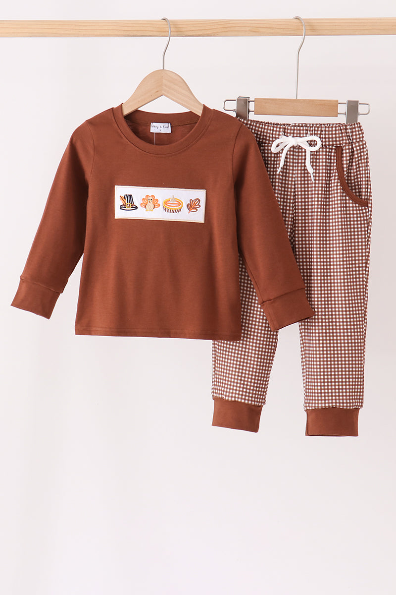 Abby & Evie |  Brown Turkey Embroidery Pants Set