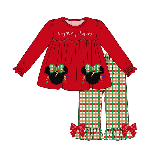 Red Christmas-themed outfit with green plaid pants on a white background
