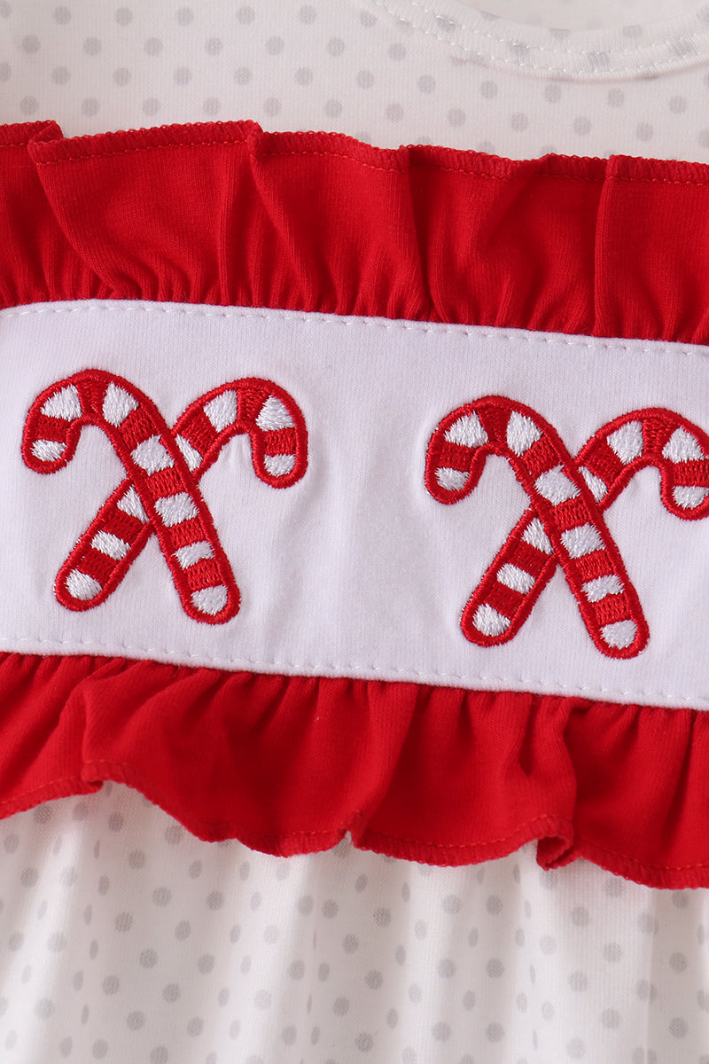 Abby & Evie | White Candy Cane Smocked Polka Dot Bubble