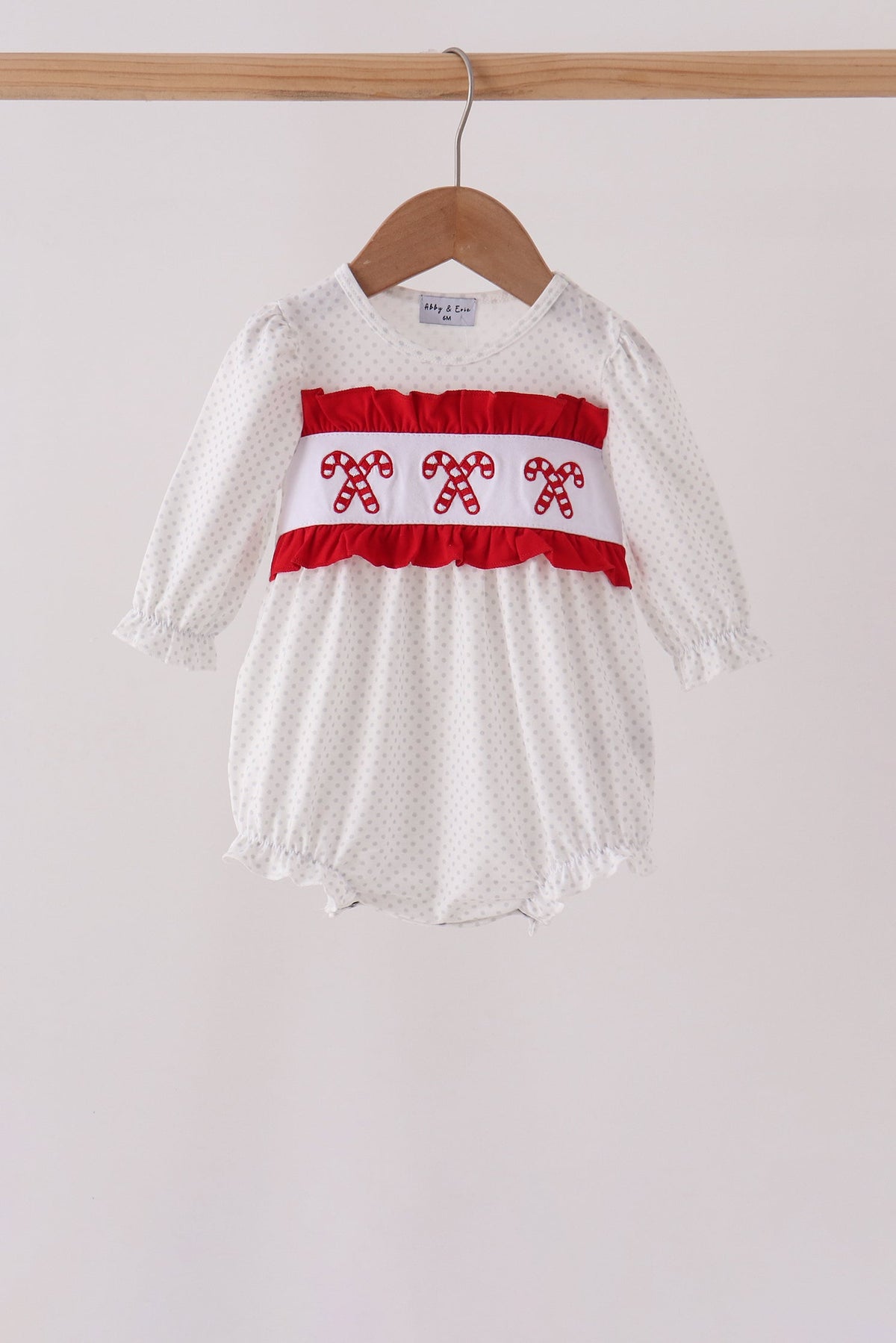 Abby & Evie | White Candy Cane Smocked Polka Dot Bubble
