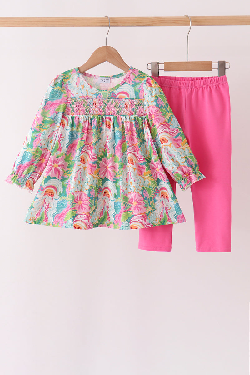 Abby & Evie | Pink Santa Smocked Pants Set