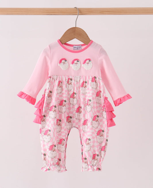Abby & Evie | Pink Santa French Knot Ruffle Romper