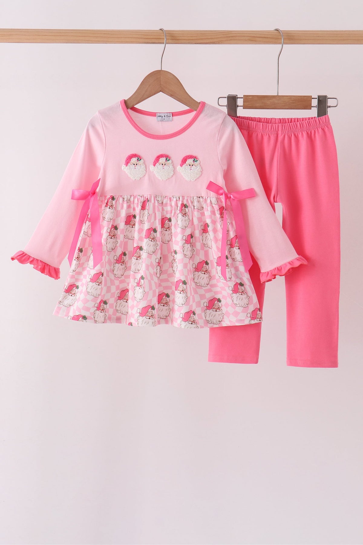 Abby & Evie | Pink Santa French Knot Bow Pants Set