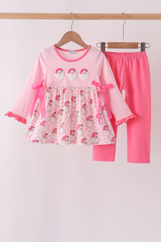 Abby & Evie | Pink Santa French Knot Bow Pants Set