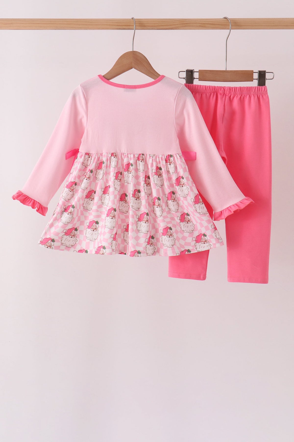 Abby & Evie | Pink Santa French Knot Bow Pants Set