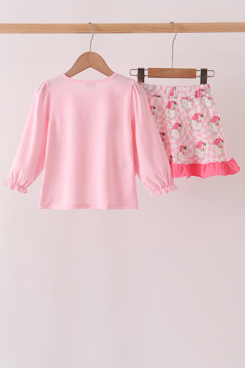 Abby & Evie | Pink Santa French Knot Ruffle Skorts Set