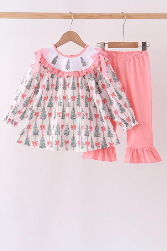 Abby & Evie | Pink Christmas Tree Embroidery Ruffle Pants Set