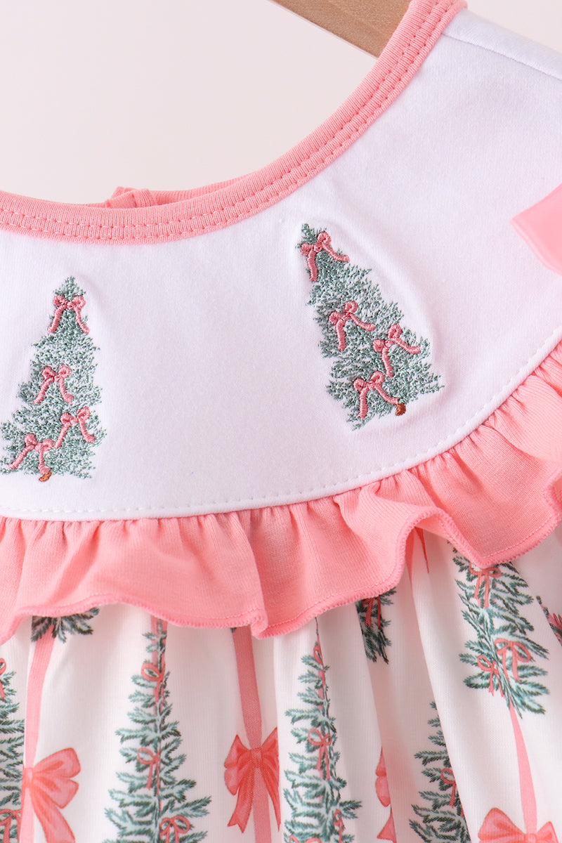 Abby & Evie | Pink Christmas Tree Embroidery Ruffle Pants Set