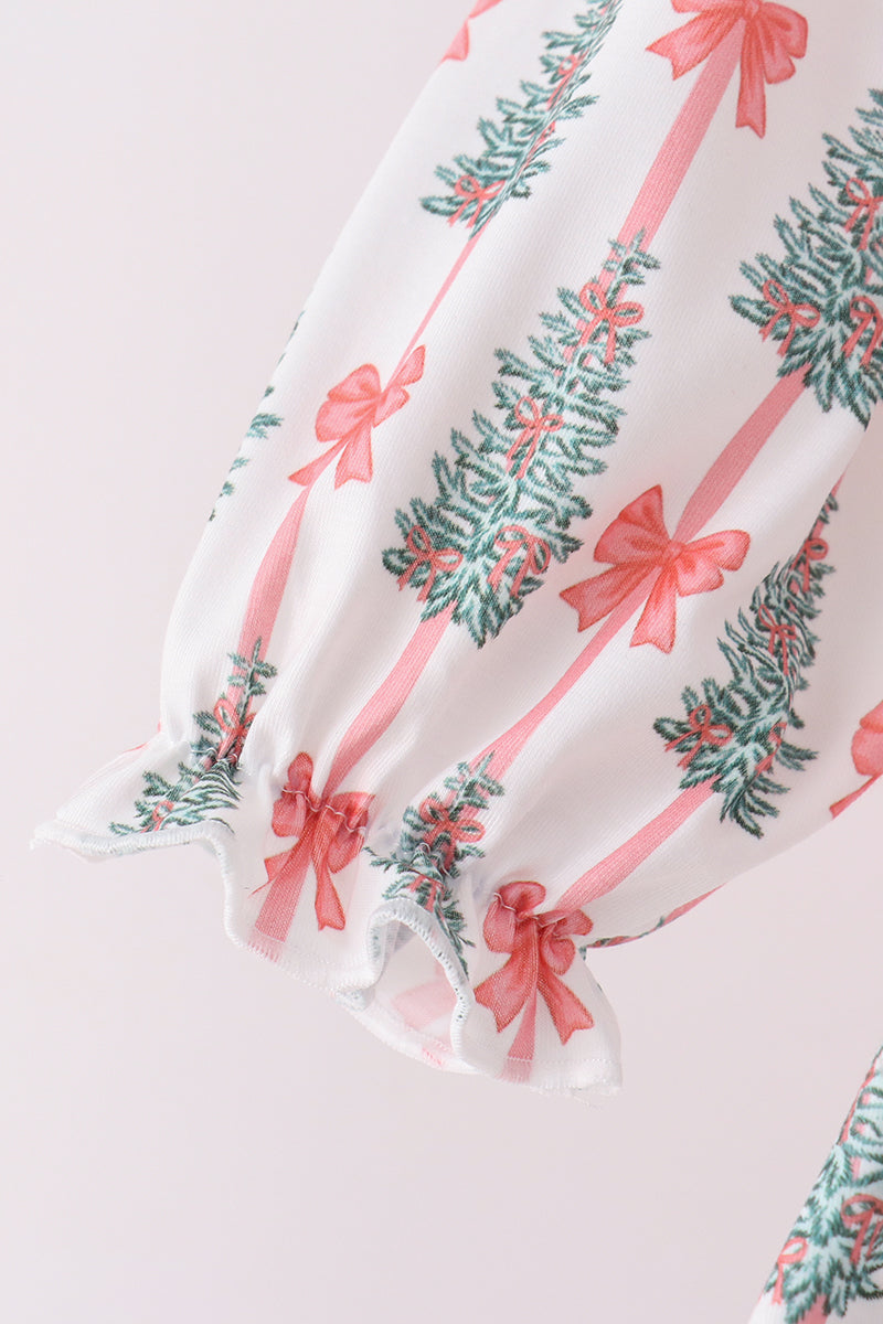 Abby & Evie | Pink Christmas Tree Embroidery Ruffle Pants Set