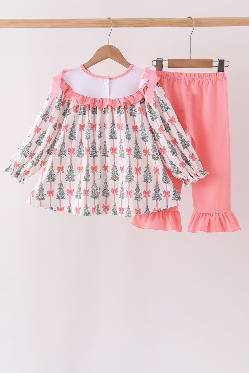 Abby & Evie | Pink Christmas Tree Embroidery Ruffle Pants Set
