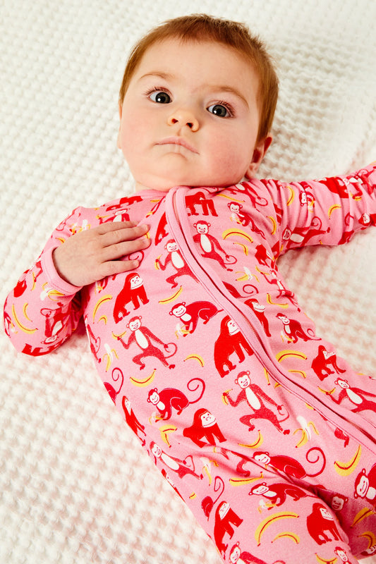 Soft & Stretchy Zipper Footie - Monkeying Around Pink