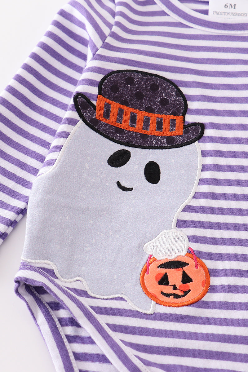 Abby & Evie - Purple Stripe Ghost Pumpkin Applique Onesie