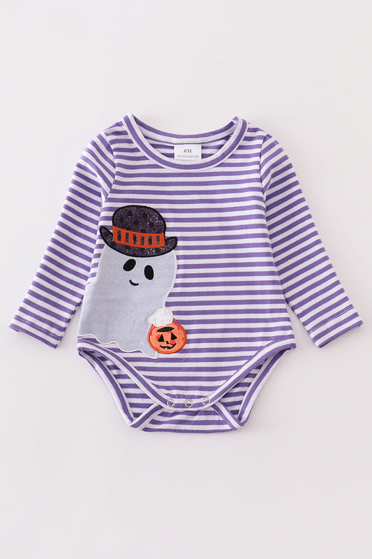 Abby & Evie - Purple Stripe Ghost Pumpkin Applique Onesie