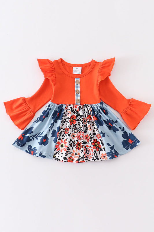 Abby & Evie - Orange Floral Print Ruffle Baby Romper