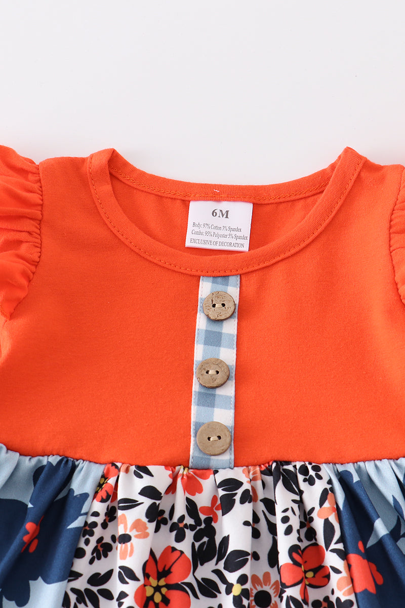 Abby & Evie - Orange Floral Print Ruffle Baby Romper