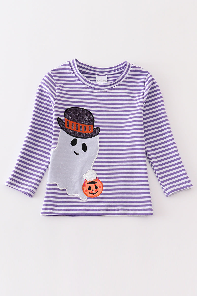 Abby & Evie - Purple Stripe Ghost Pumpkin Applique Top