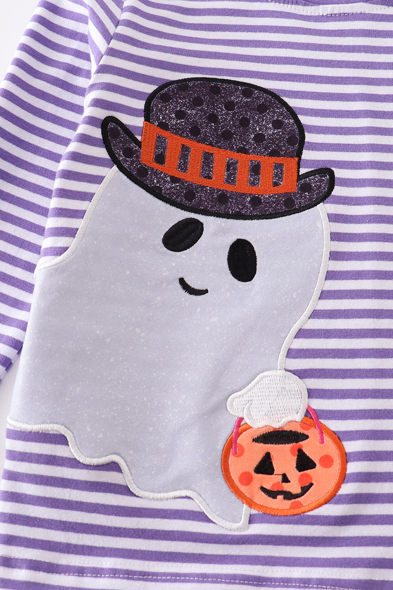 Abby & Evie - Purple Stripe Ghost Pumpkin Applique Top