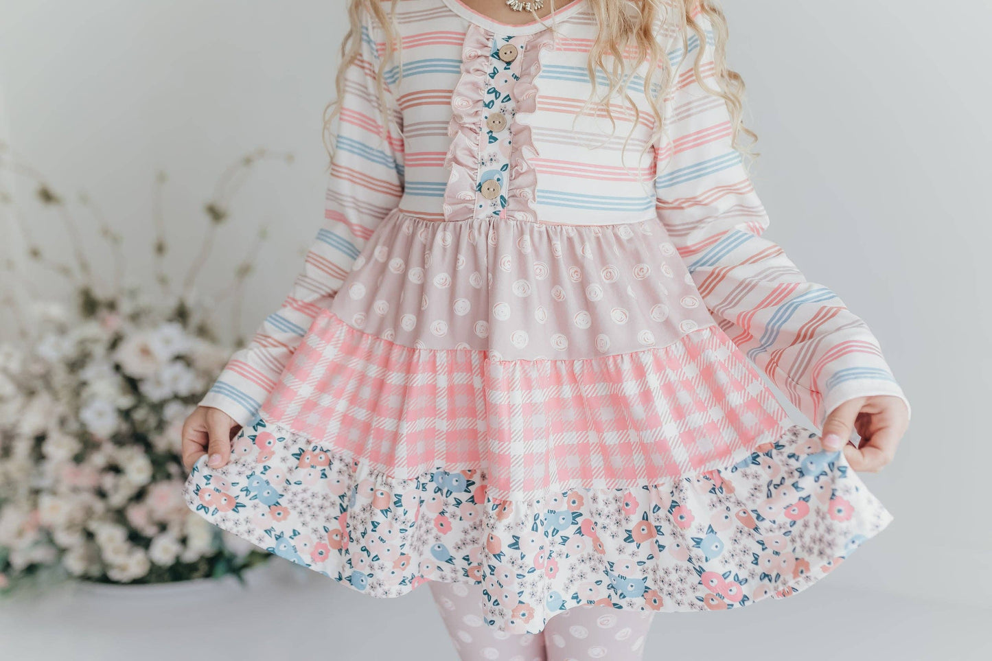 Adorable Sweetness - Girls Sand Floral 3 Tiered Fall Ruffle Button Legging Set