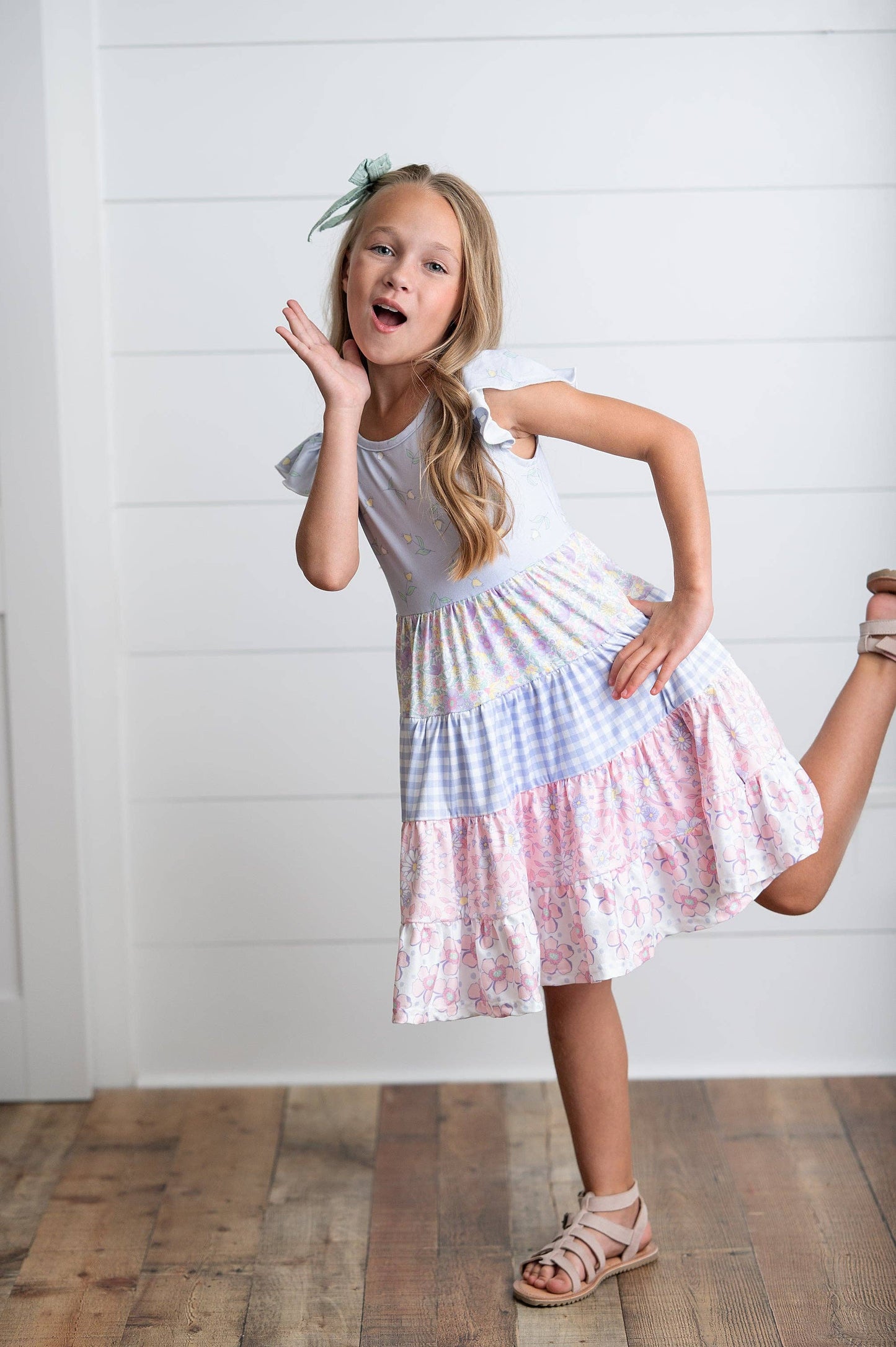 Adorable Sweetness - Girls Ava Twirl Lavender Floral Check Spring Tiered Dress