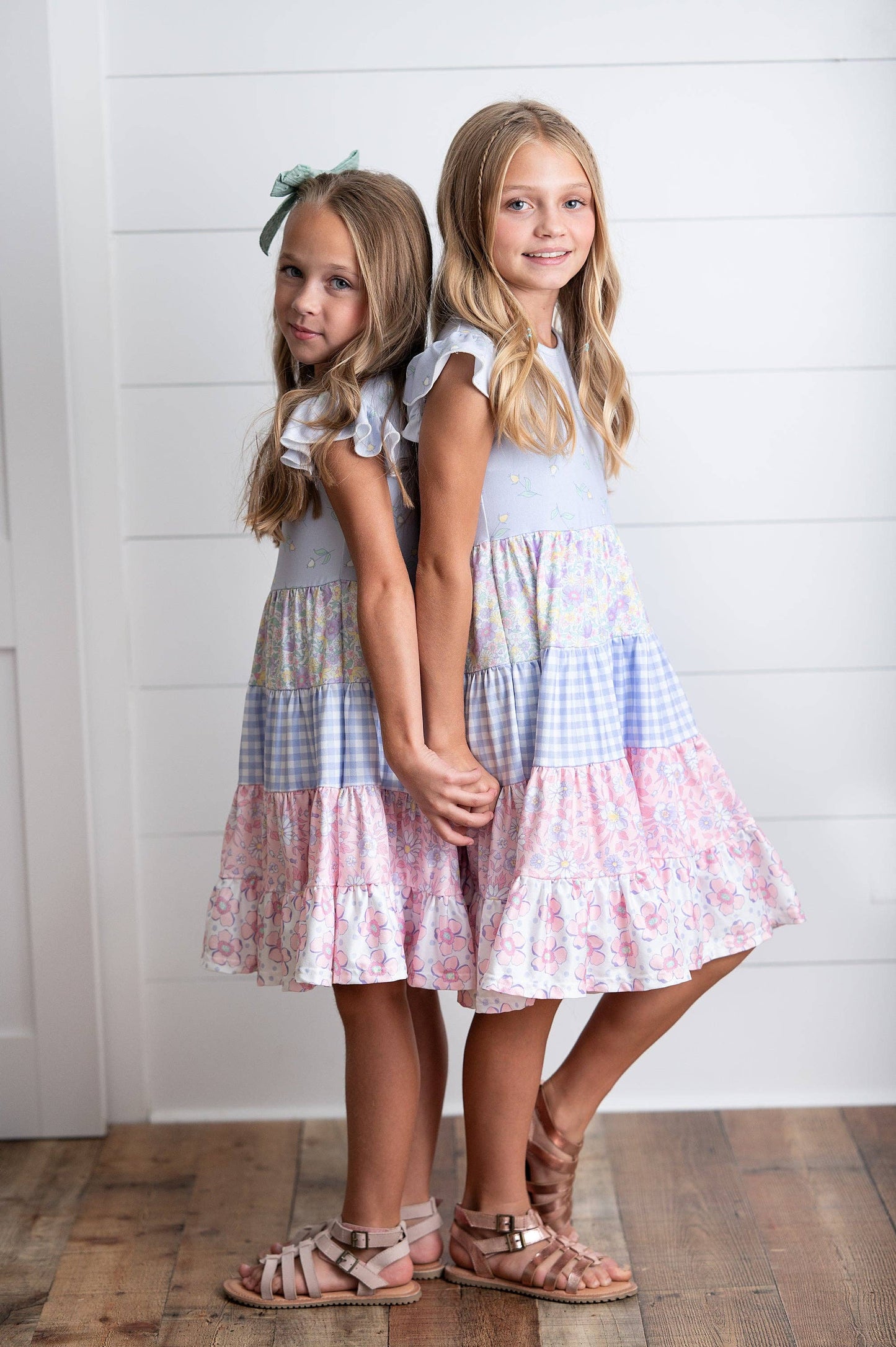 Adorable Sweetness - Girls Ava Twirl Lavender Floral Check Spring Tiered Dress