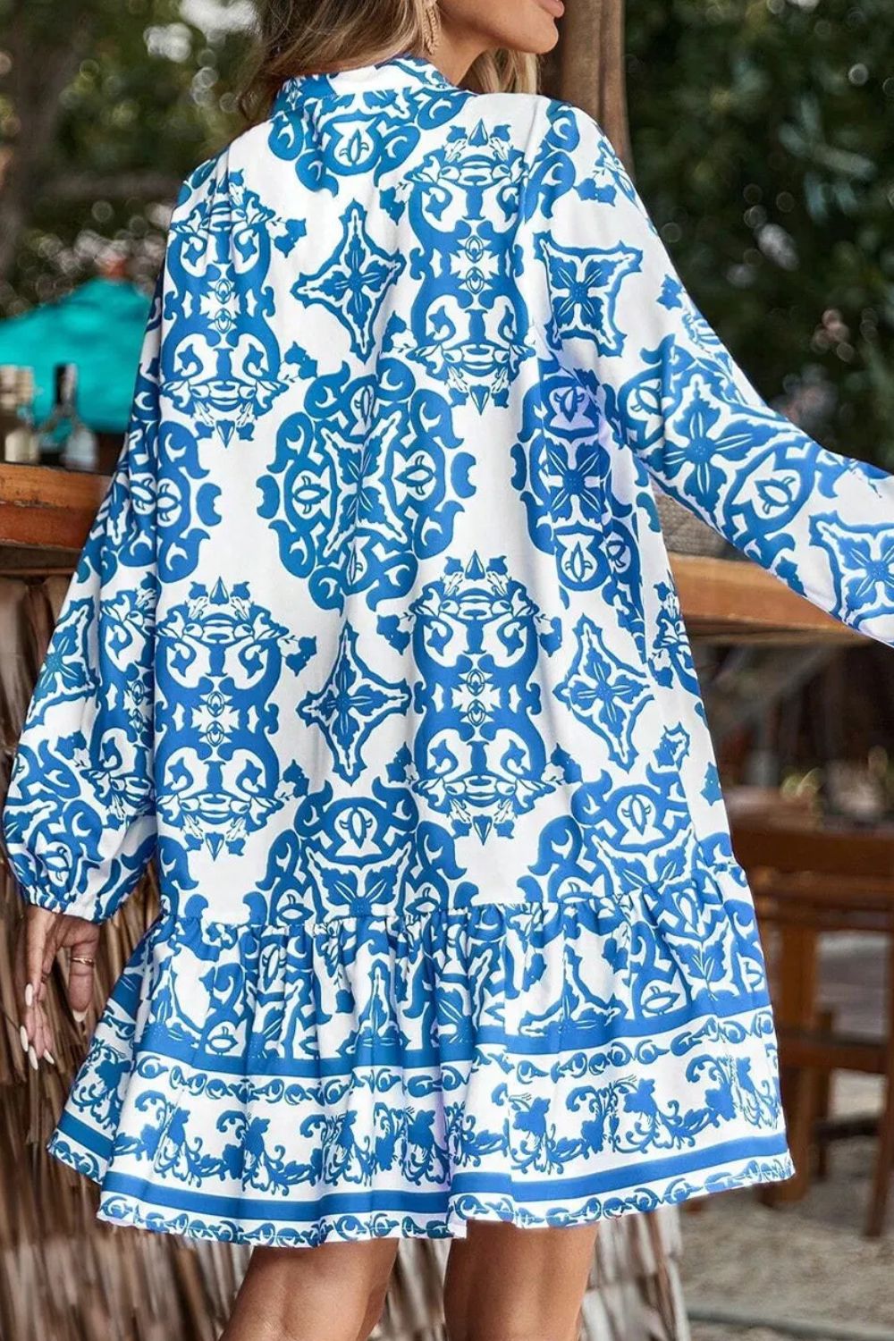 Ruffled Printed Notched Long Sleeve Dress