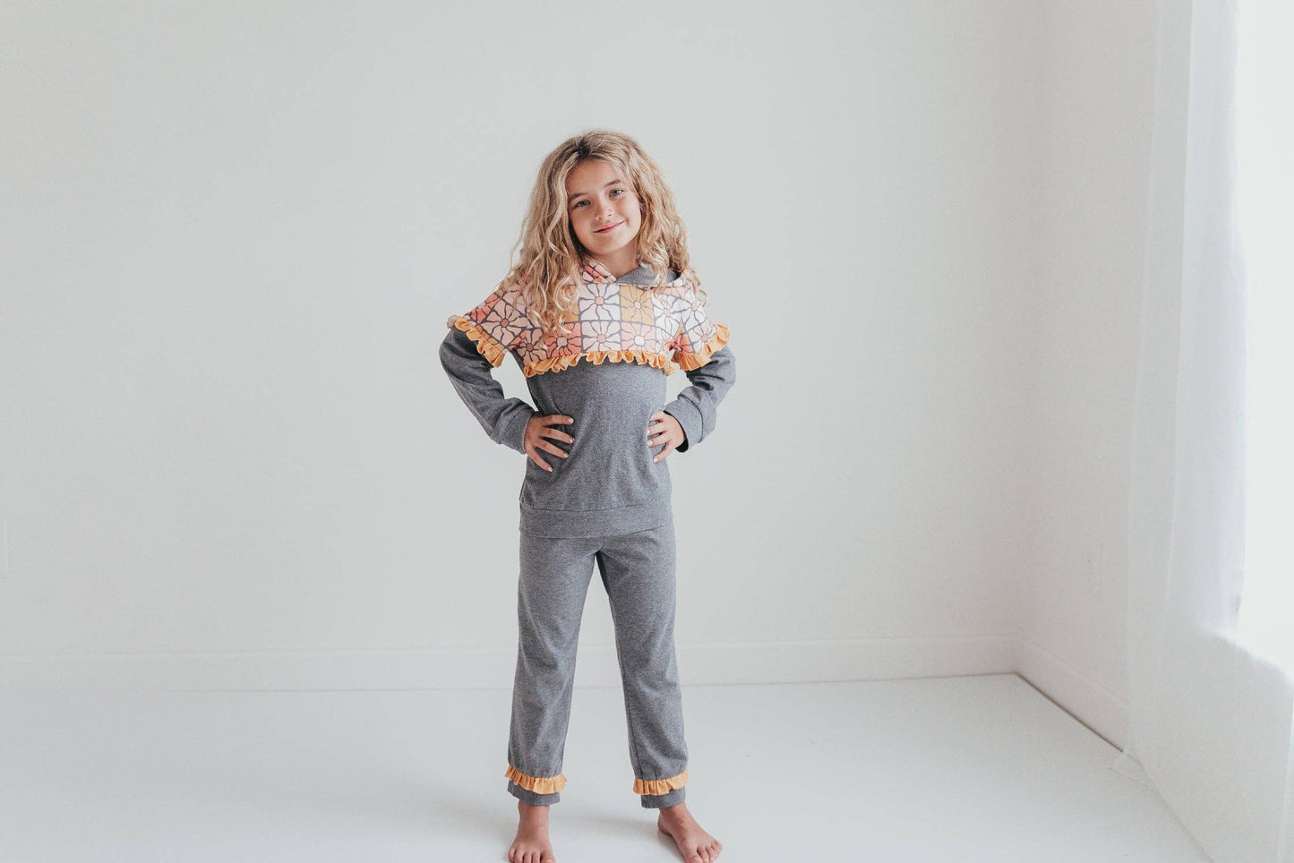 Adorable Sweetness - Kids Gray & Mustard Flower Hoodie Sweat Pant Loungewear Set