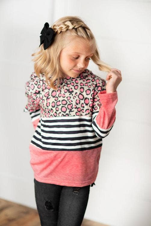 Adorable Sweetness - Kids Pink Leopard Stripe Long Sleeve Fall Hoodie Shirt