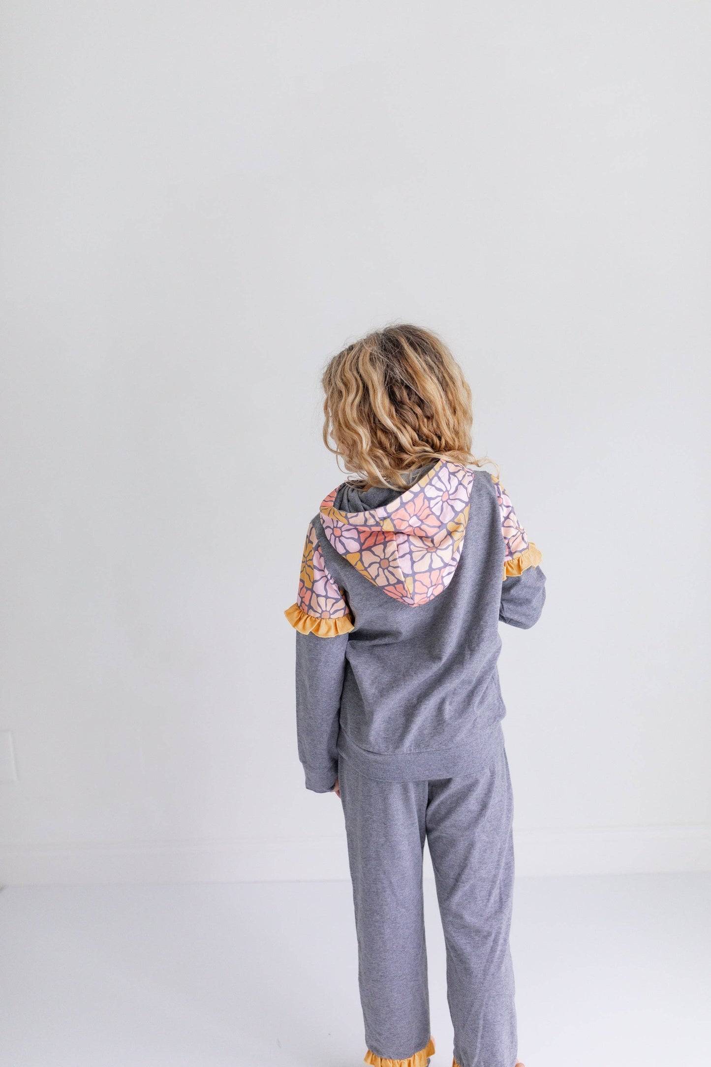 Adorable Sweetness - Kids Gray & Mustard Flower Hoodie Sweat Pant Loungewear Set