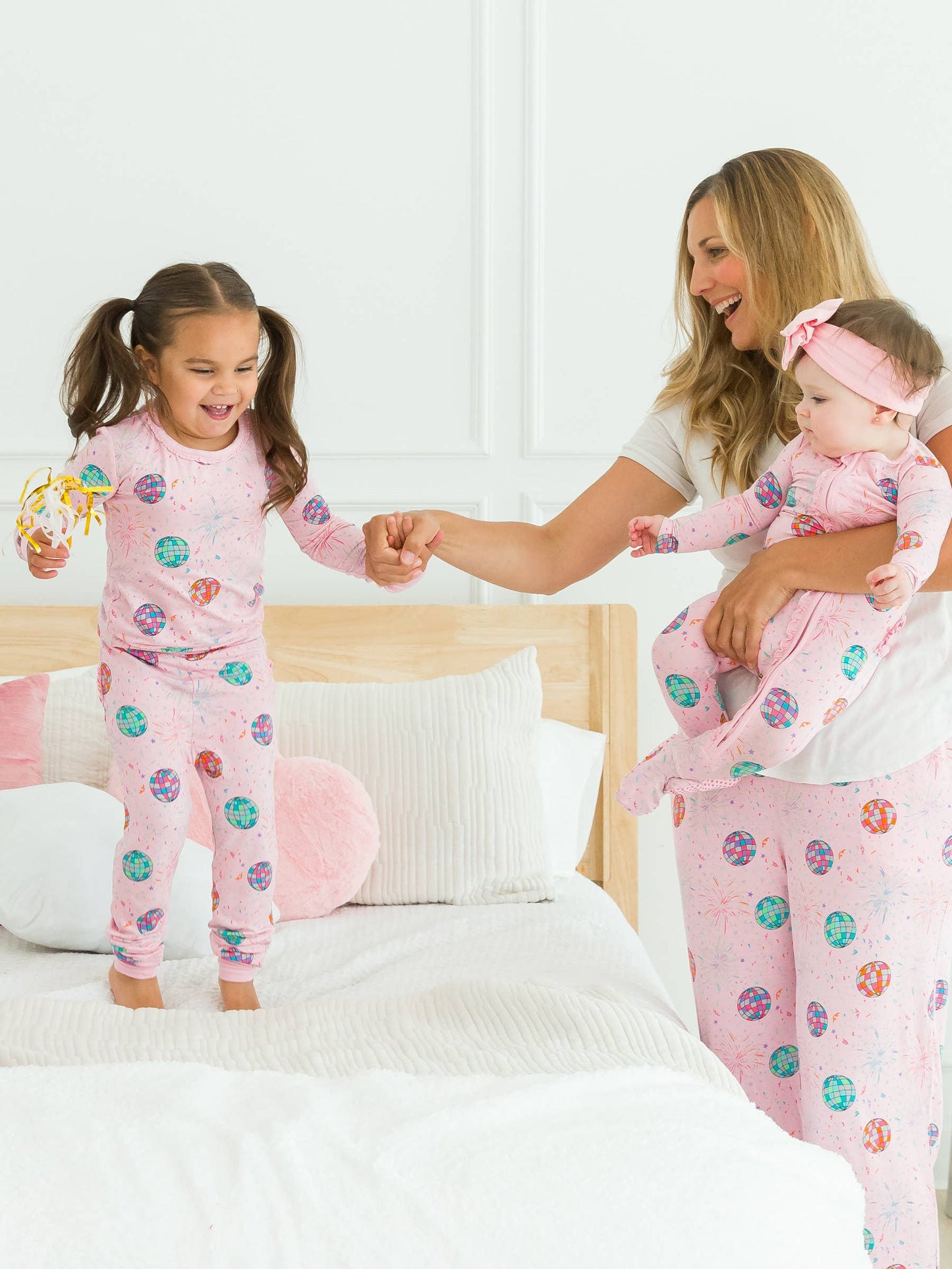 RuffleButts + RuggedButts - Toddler Girls Pink Happy New Year Bamboo Viscose Ruffle Long Sleeve Pajama Set