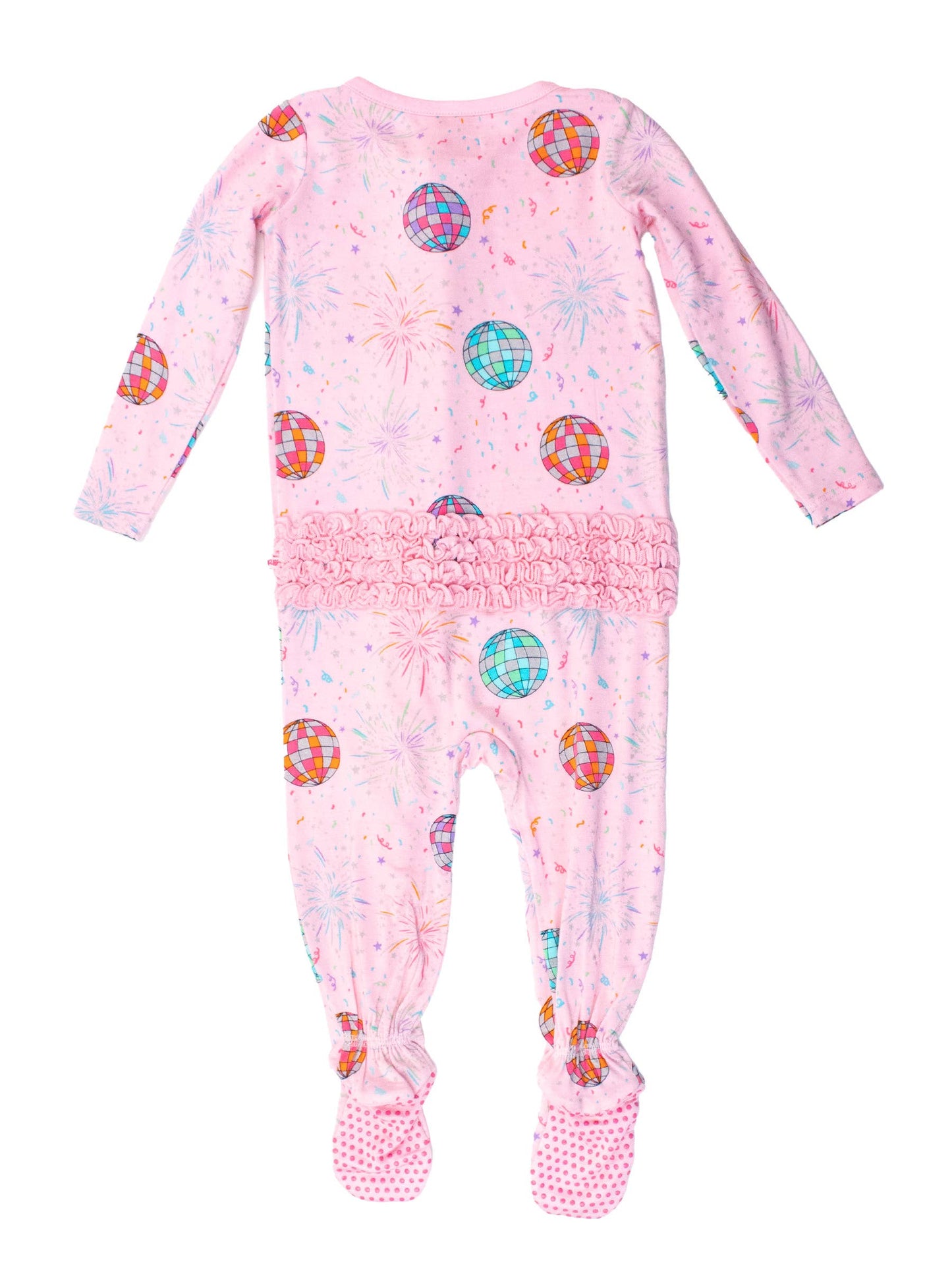 RuffleButts + RuggedButts - Baby Girls Pink Happy New Year Bamboo Viscose Footed Ruffle One Piece Pajama