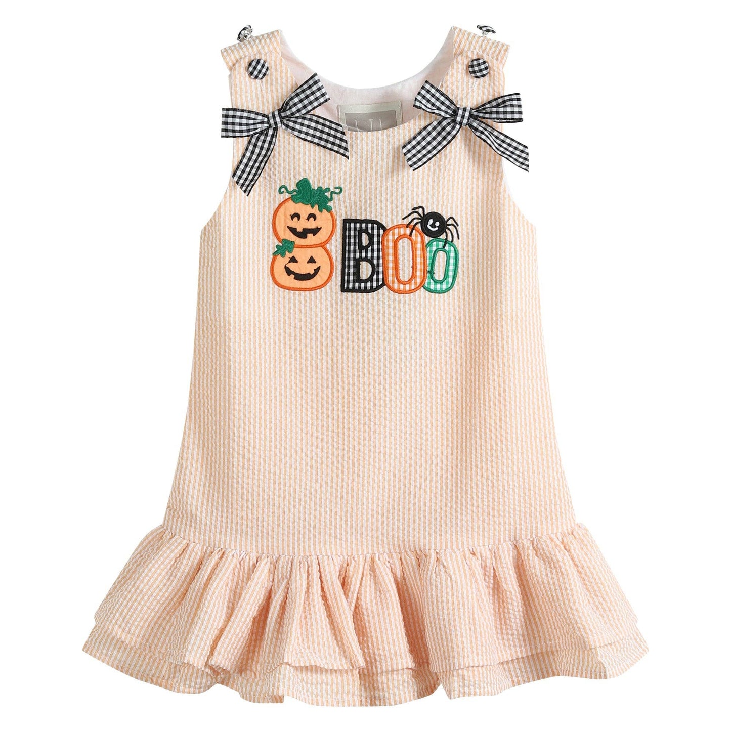 Lil Cactus - Orange Seersucker Halloween Boo Ruffle Dress