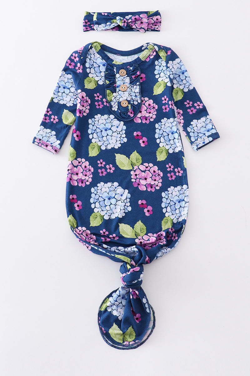 Abby & Evie - Navy Floral Print Bamboo Newborn Knotted Gown